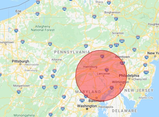 Map with 60 mile radius from Mountville displaying Shea service area